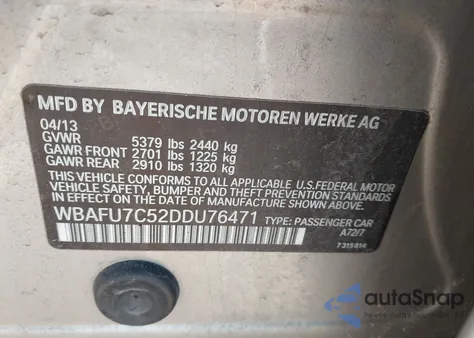 2013 BMW 535I xDrive z USA, uszkodzony, nr VIN WBAFU7C52DDU76471